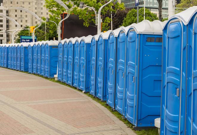 a line of brightly-colored portable restrooms, perfect for outdoor festivals and concerts in Cardinal, VA